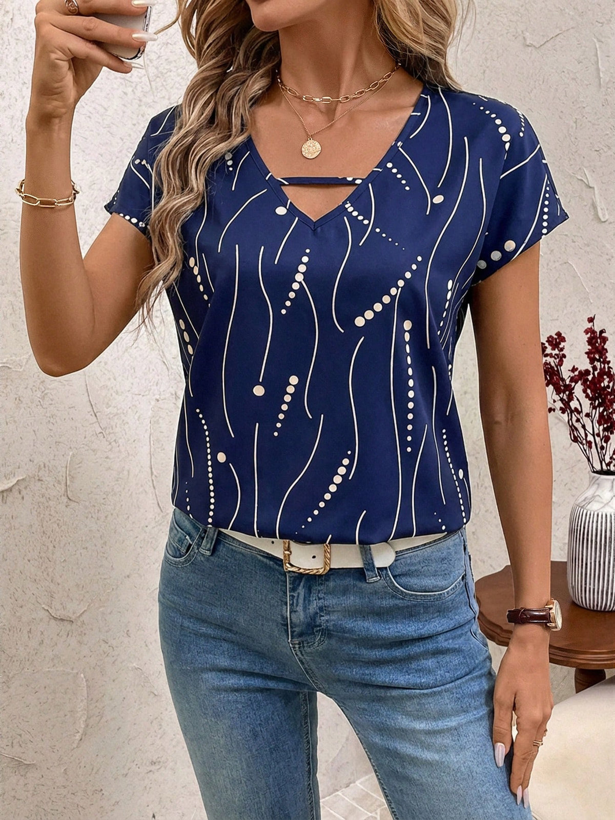 Clasi Women Hollow-Out Allover Print Casual Short Sleeve Top V Neck Blouses For Summer Navy Blue Blouse Tops