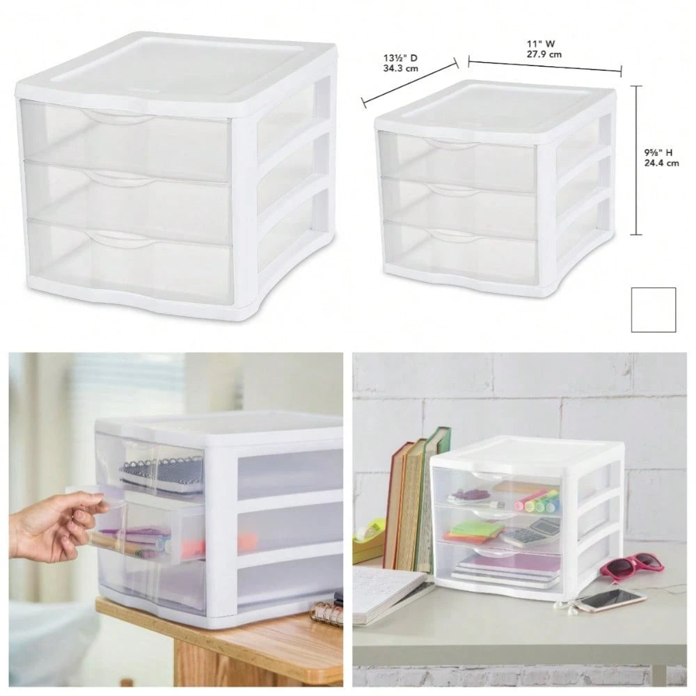 Clear Plastic 3-Drawer Storage Organizer For Desk Countertop Office