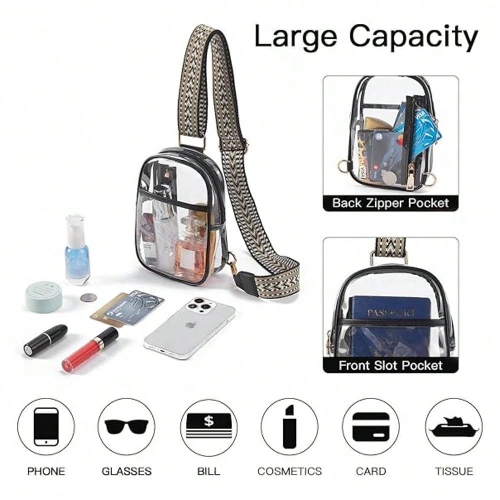 Clear Sling Bag, Clear Stadium Approved Crossbody Bag Purses For Women, Heavy Duty Transparent Chest Bag With Adjustable Strap