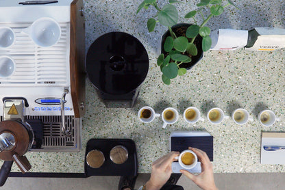 Top-down view of a modern espresso station with a white machine on the left, a grinder in the center, and a potted plant.