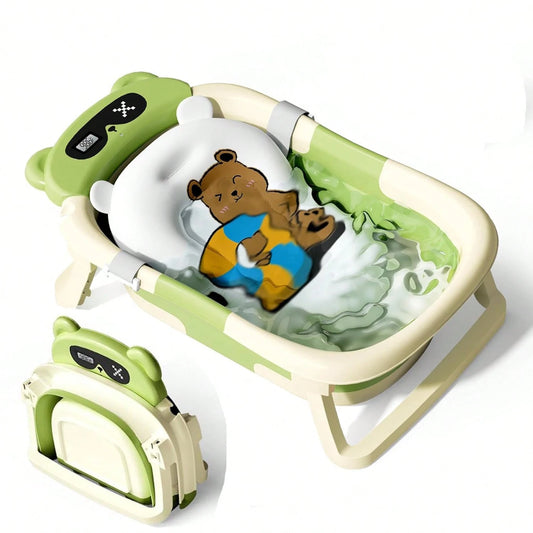 Collapsible Baby Bathtub With Soft Bath Net, Portable Infant Travel Tub, Non-Slip Dinosaur Design