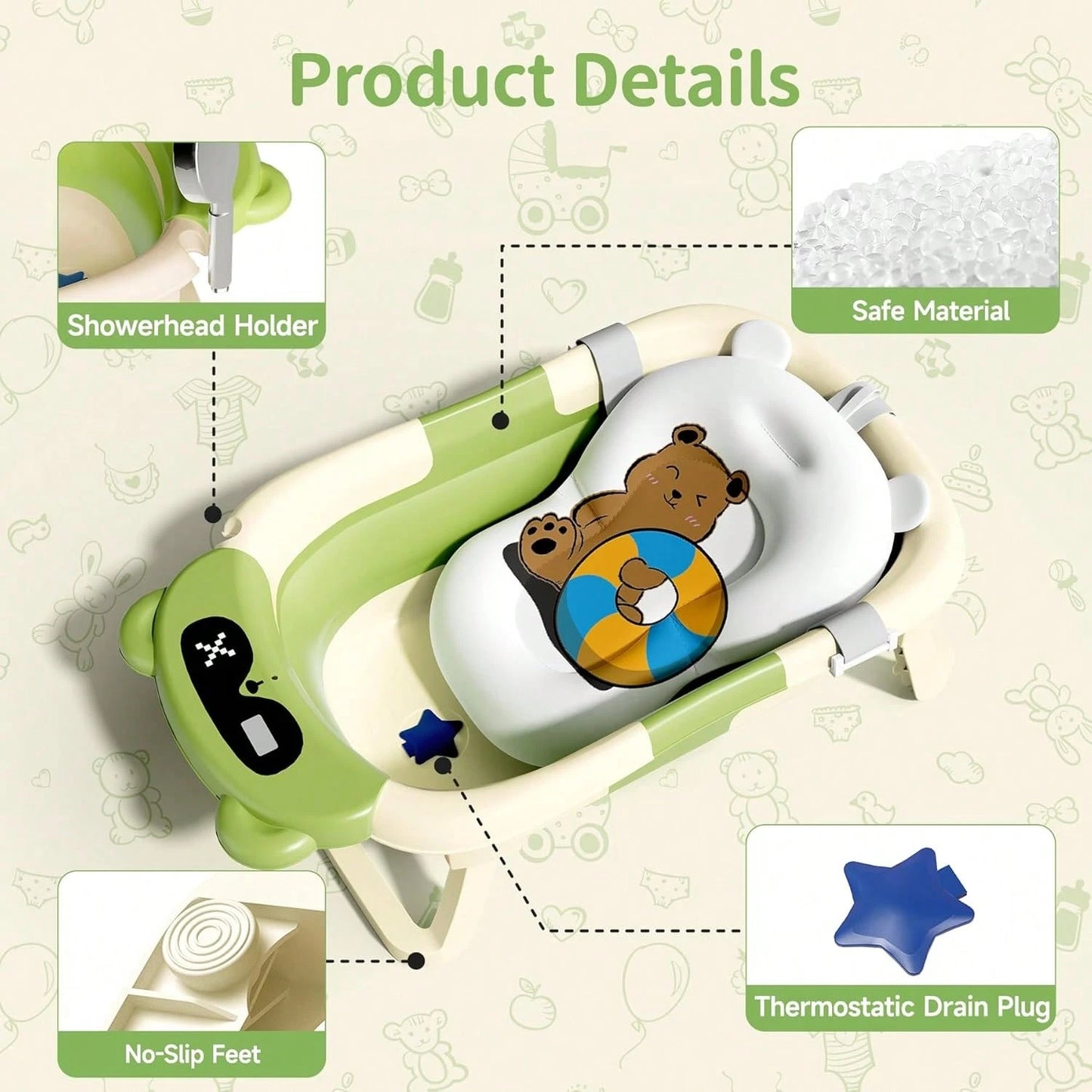 Collapsible Baby Bathtub With Soft Bath Net, Portable Infant Travel Tub, Non-Slip Dinosaur Design