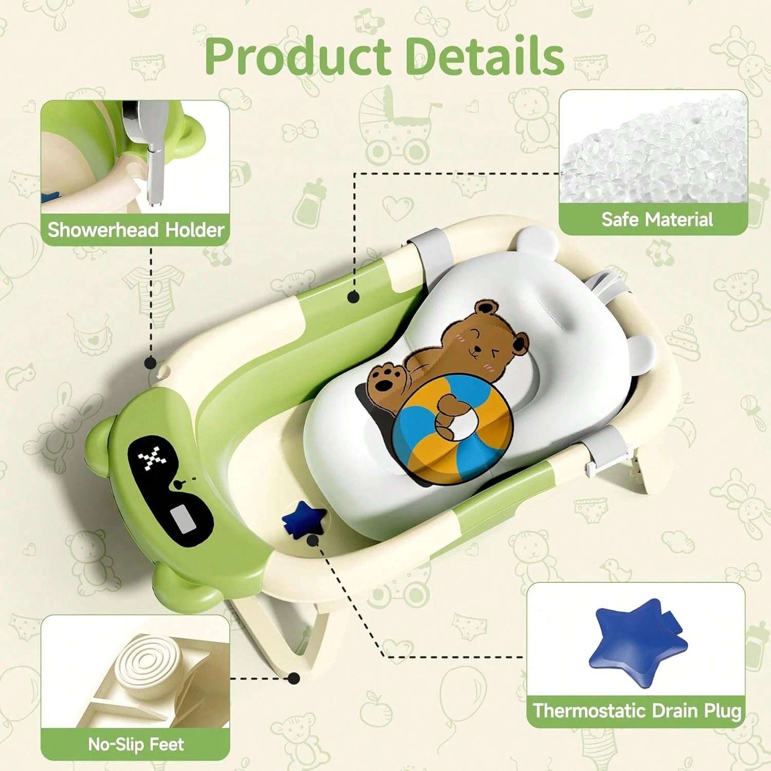 Collapsible Baby Bathtub With Soft Bath Net, Portable Infant Travel Tub, Non-Slip Dinosaur Design