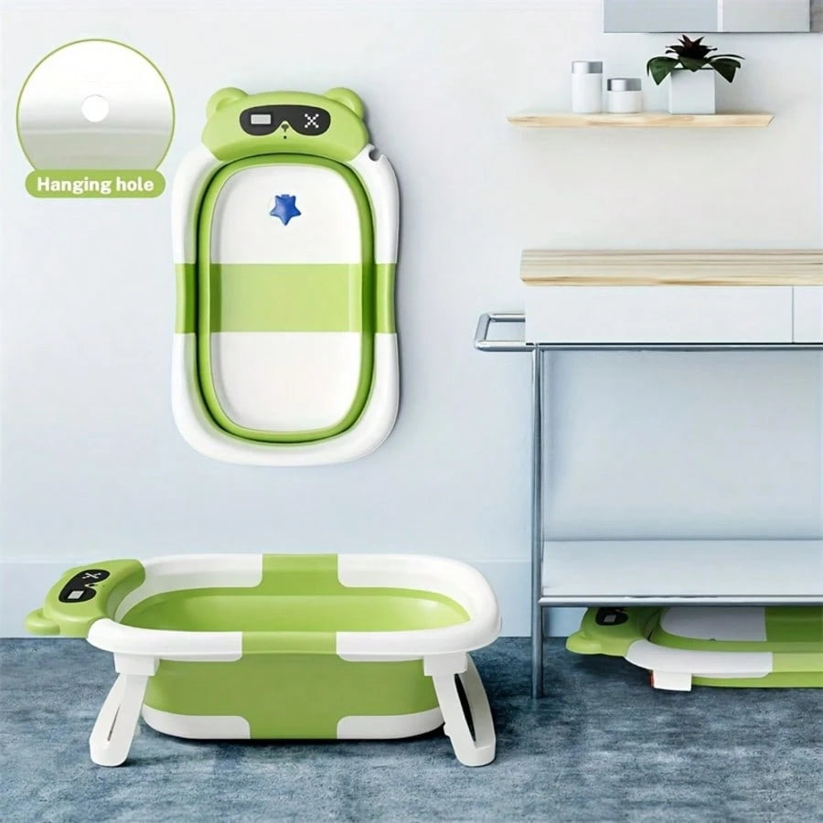 Collapsible Baby Bathtub With Soft Bath Net, Portable Infant Travel Tub, Non-Slip Dinosaur Design