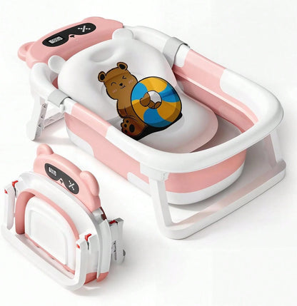 Collapsible Baby Bathtub With Soft Bath Net, Portable Infant Travel Tub, Non-Slip Dinosaur Design