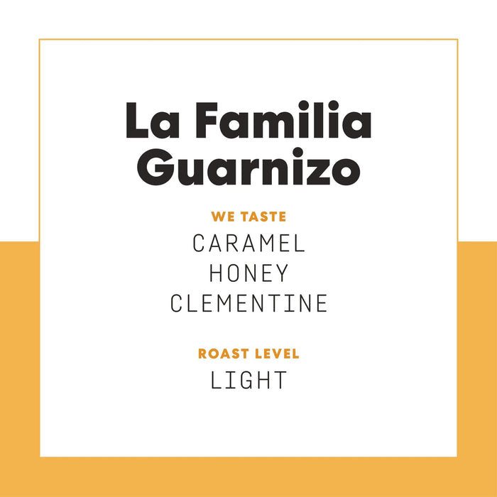 La Familia Guarnizo packaging label with bold text and an orange border