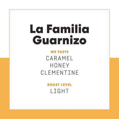La Familia Guarnizo packaging label with bold text and an orange border