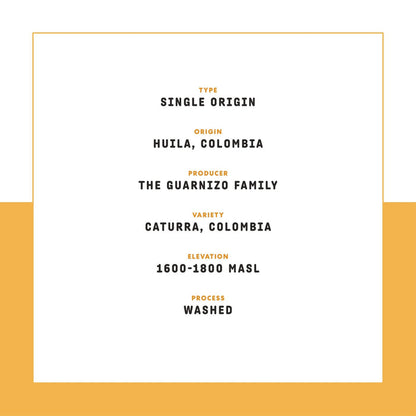 Single origin coffee label with origin Huila Colombia and orange accents on white background