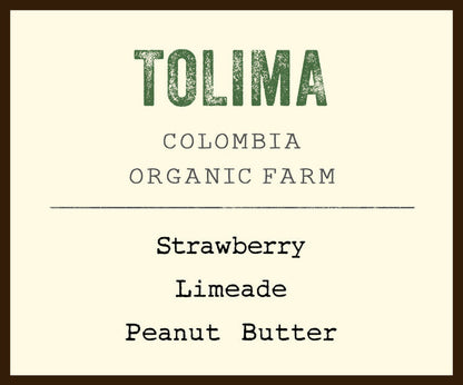 Tolima Colombia organic farm coffee label with tasting notes Strawberry Limeade Peanut Butter