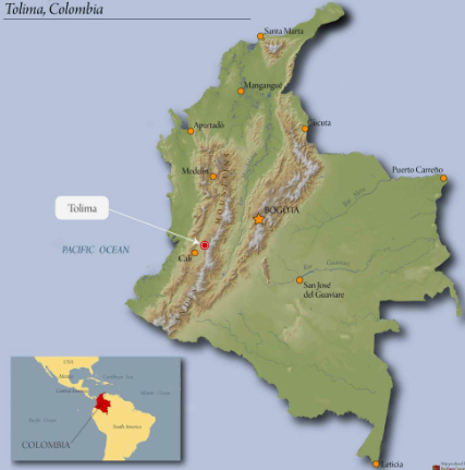 Colombia Tolima region map with Tolima highlighted