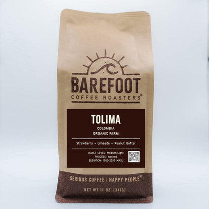 Barefoot Coffee Roasters bag featuring Tolima Colombia Organic Farm label
