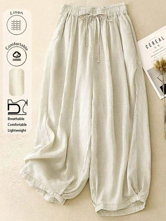 Comfortable Casual High Waist Elastic Linen Pants, Draping Effect, Suitable For Autumn & Summer Spring