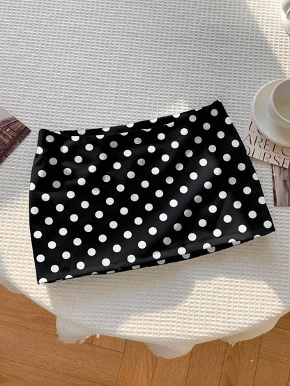 Comfortcana Casual Minimalist Versatile Black & White Polka Dot Print Skirt, Suitable For Spring/Summer Comfortable Wear For Daily, Party, Airport Carnival