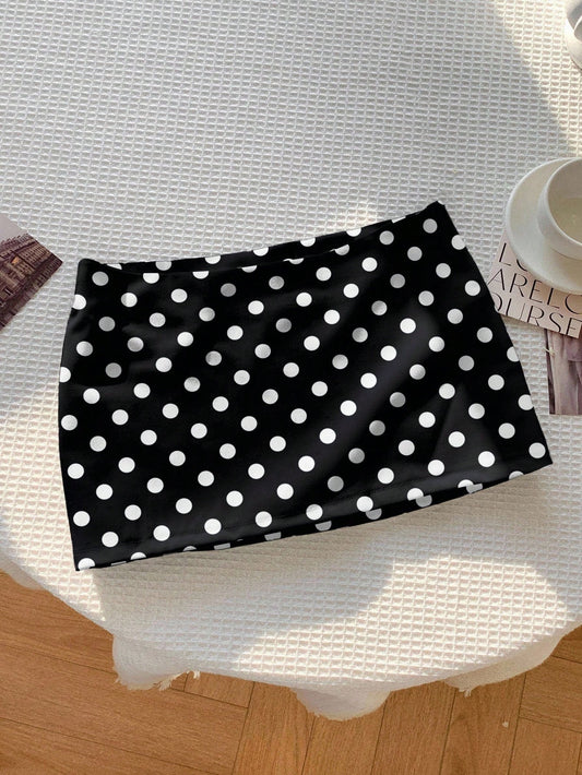 Comfortcana Casual Minimalist Versatile Black & White Polka Dot Print Skirt, Suitable For Spring/Summer Comfortable Wear For Daily, Party, Airport Carnival