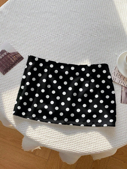 Comfortcana Casual Minimalist Versatile Black & White Polka Dot Print Skirt, Suitable For Spring/Summer Comfortable Wear For Daily, Party, Airport Carnival
