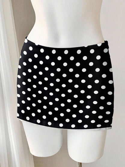 Comfortcana Casual Minimalist Versatile Black & White Polka Dot Print Skirt, Suitable For Spring/Summer Comfortable Wear For Daily, Party, Airport Carnival