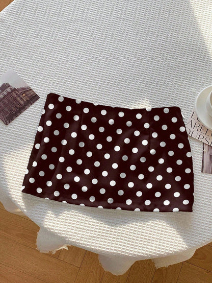Comfortcana Casual Minimalist Versatile Black & White Polka Dot Print Skirt, Suitable For Spring/Summer Comfortable Wear For Daily, Party, Airport Carnival
