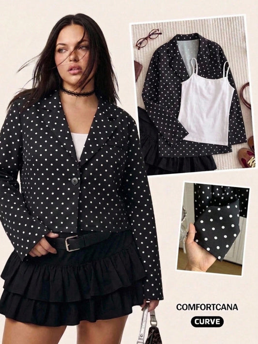 Comfortcana Plus Size Early Autumn Thin Vintage Casual 1950s Vintage 90s Polka Dot Short Black Blazer Jacket Teachers' Day Office Party Fall