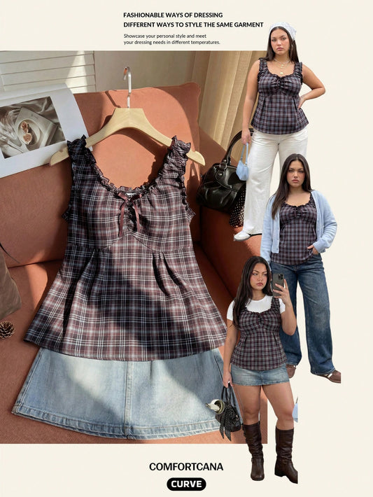 Comfortcana Plus Size Sweet 90s Vacation Style Navy Blue Plaid Camisole With Bow Decor, Spring/Summer Date Night