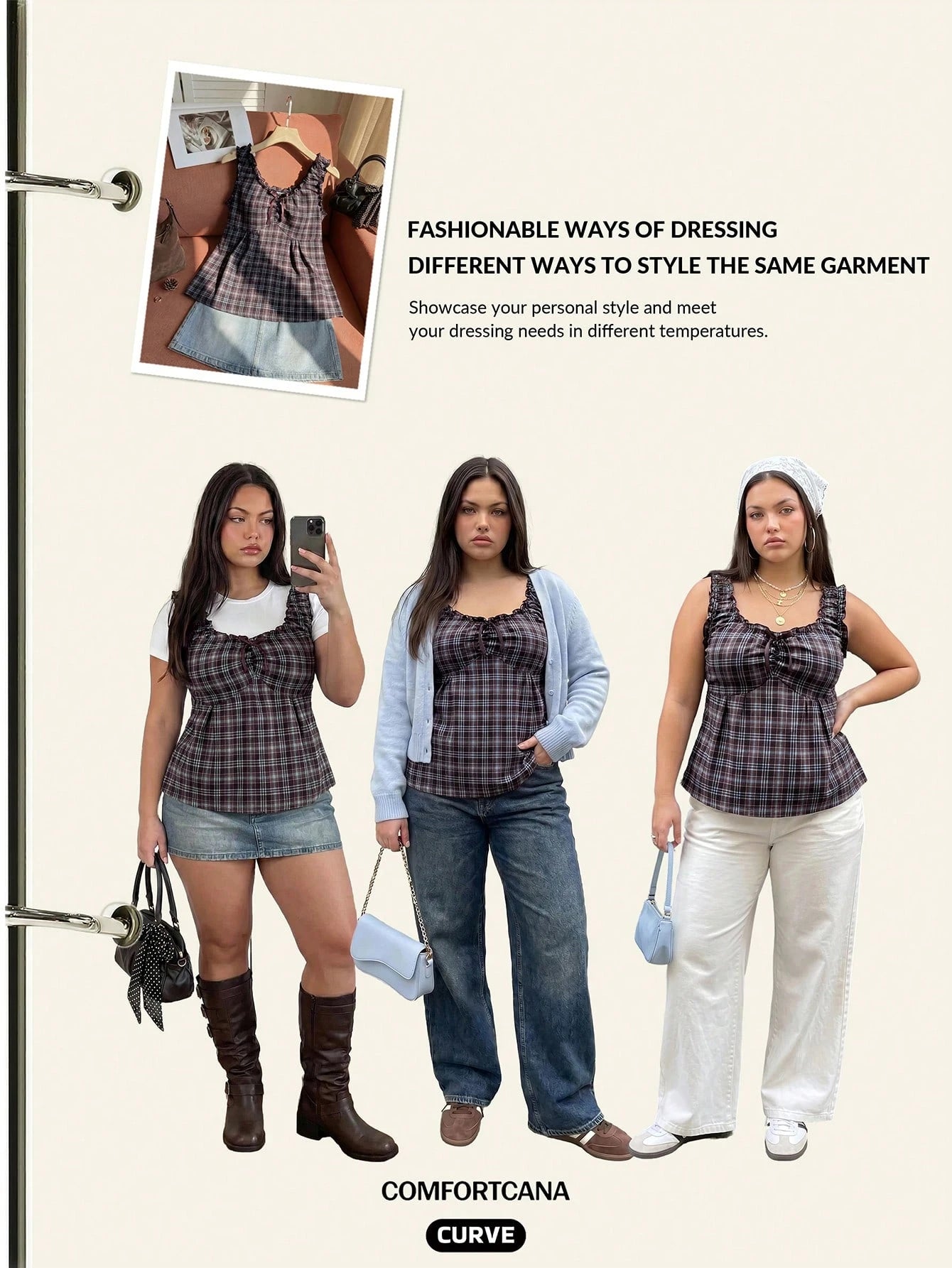 Comfortcana Plus Size Sweet 90s Vacation Style Navy Blue Plaid Camisole With Bow Decor, Spring/Summer Date Night