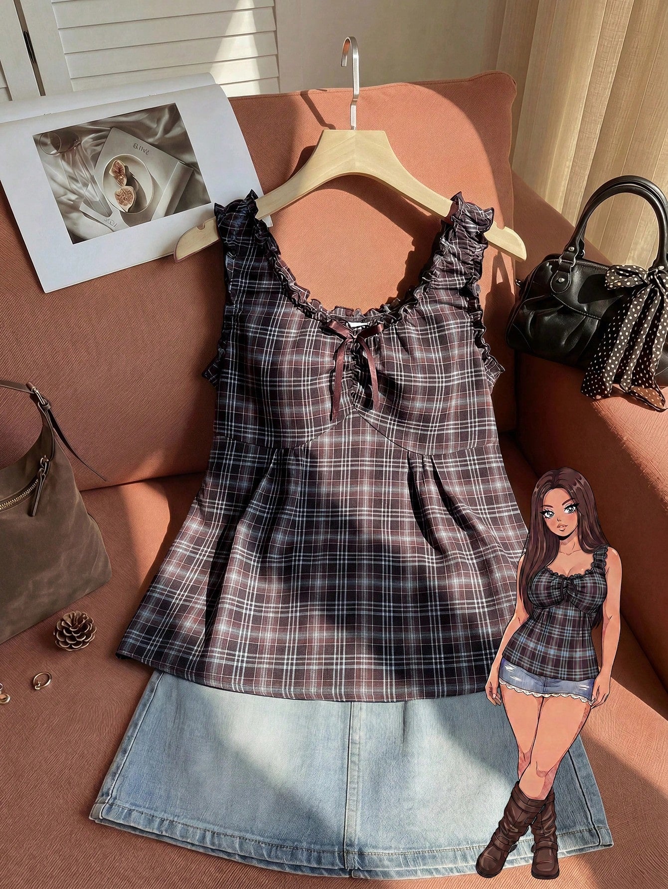 Comfortcana Plus Size Sweet 90s Vacation Style Navy Blue Plaid Camisole With Bow Decor, Spring/Summer Date Night