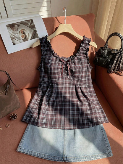 Comfortcana Plus Size Sweet 90s Vacation Style Navy Blue Plaid Camisole With Bow Decor, Spring/Summer Date Night