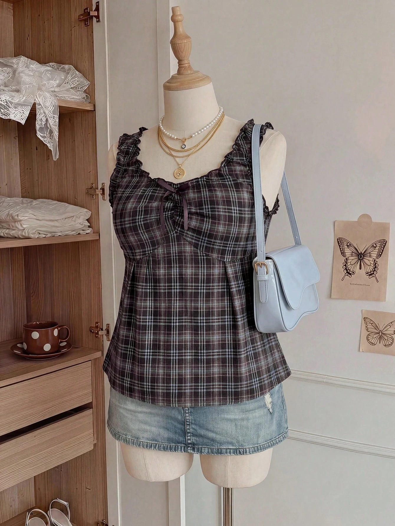 Comfortcana Plus Size Sweet 90s Vacation Style Navy Blue Plaid Camisole With Bow Decor, Spring/Summer Date Night