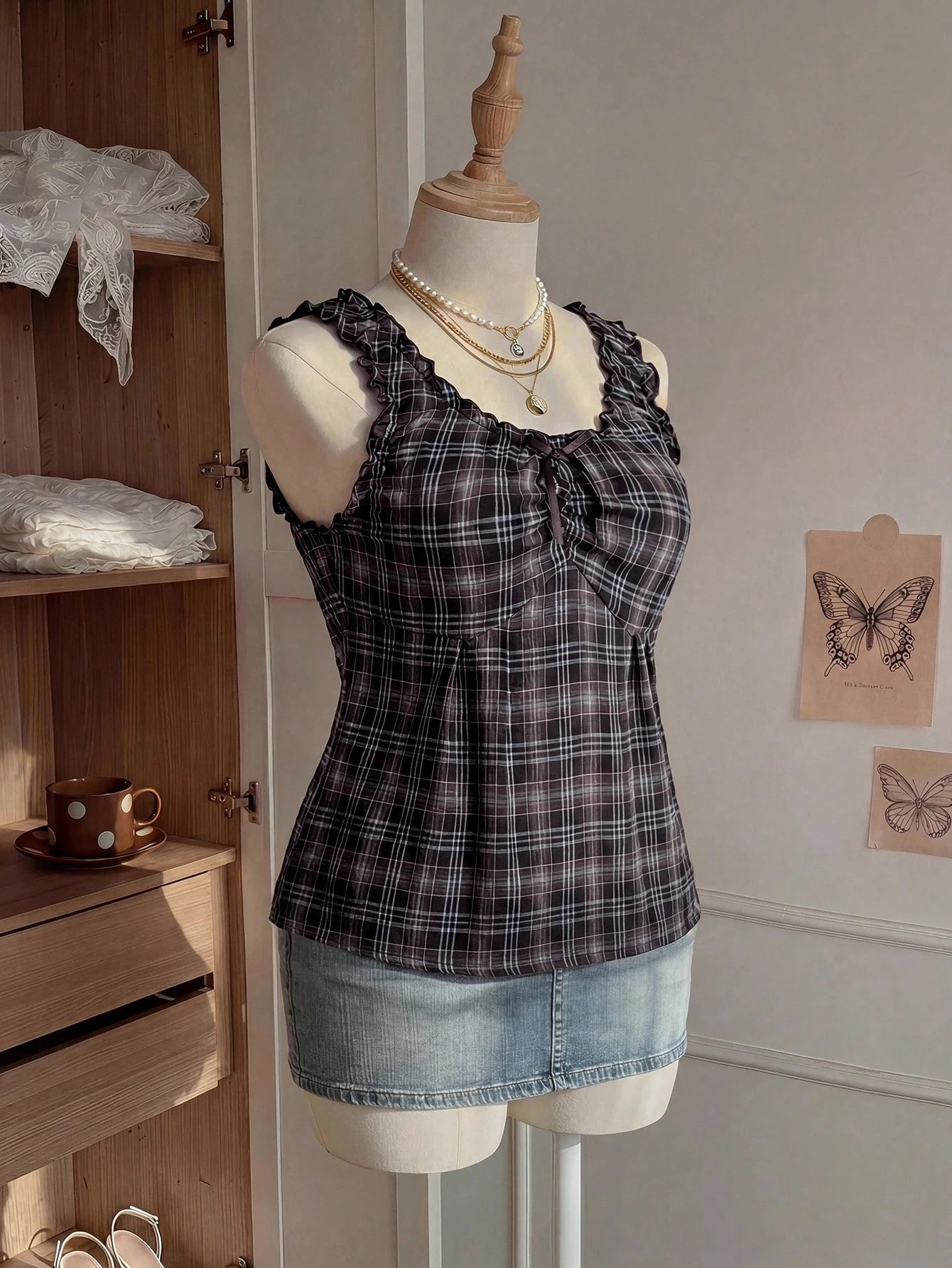 Comfortcana Plus Size Sweet 90s Vacation Style Navy Blue Plaid Camisole With Bow Decor, Spring/Summer Date Night