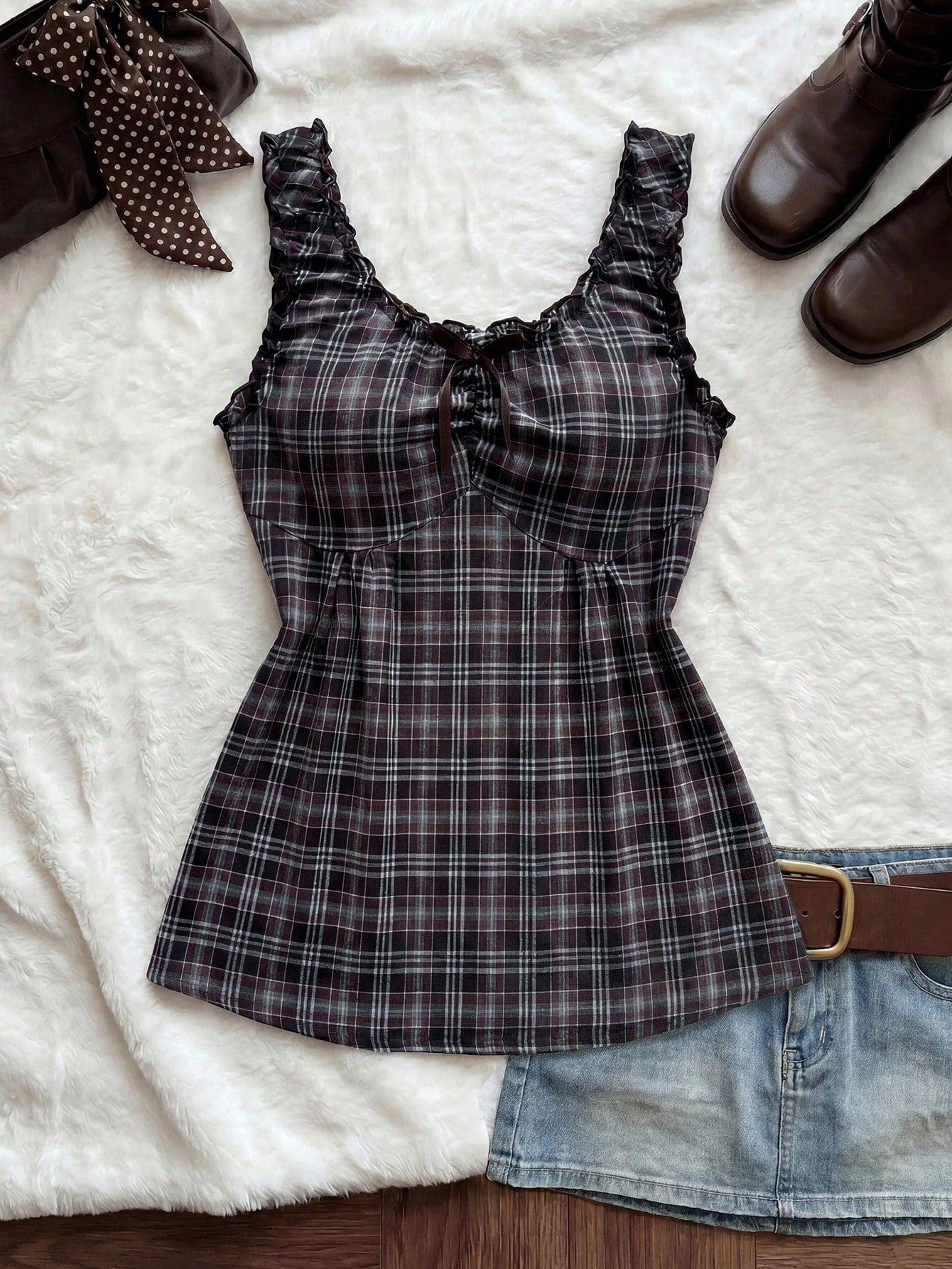 Comfortcana Plus Size Sweet 90s Vacation Style Navy Blue Plaid Camisole With Bow Decor, Spring/Summer Date Night
