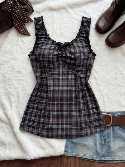 Comfortcana Plus Size Sweet 90s Vacation Style Navy Blue Plaid Camisole With Bow Decor, Spring/Summer Date Night