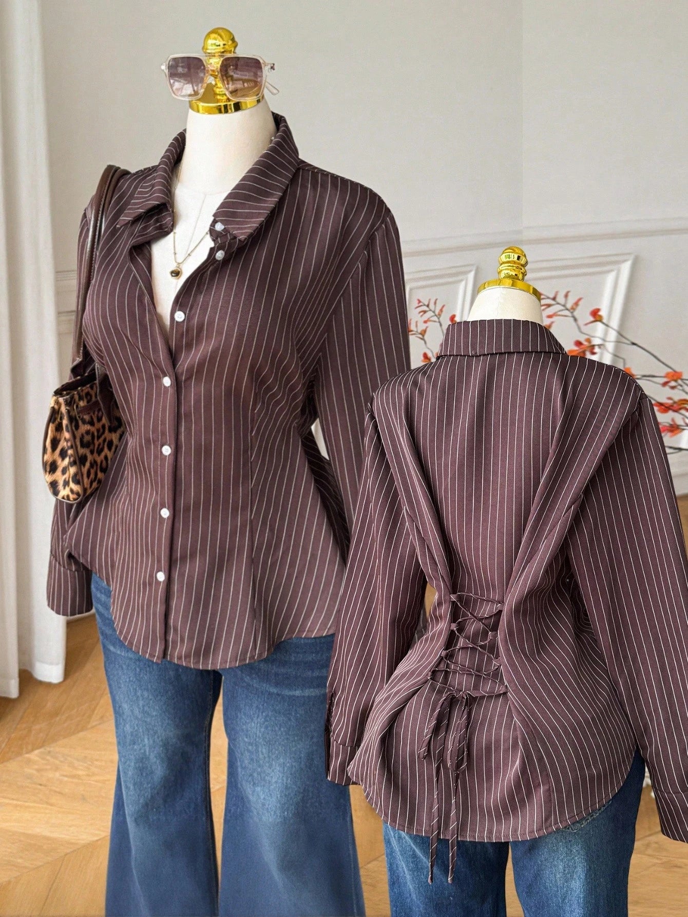 Comfortcana Plus Size Women's Autumn/ Brown Long Sleeve Single-Breasted Shirt Teachers' Day Formal Office Formal Formal Formal Elegant
