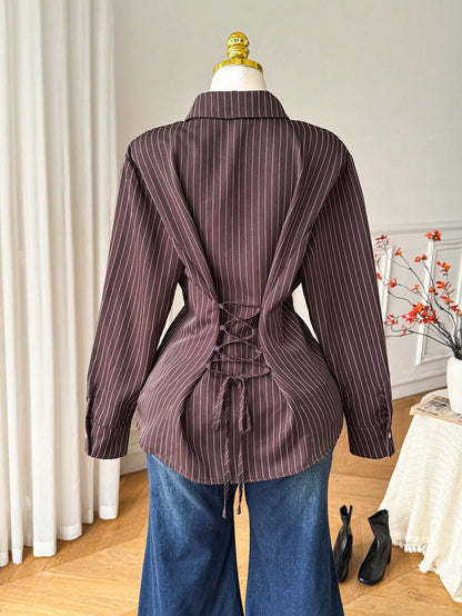 Comfortcana Plus Size Women's Autumn/ Brown Long Sleeve Single-Breasted Shirt Teachers' Day Formal Office Formal Formal Formal Elegant