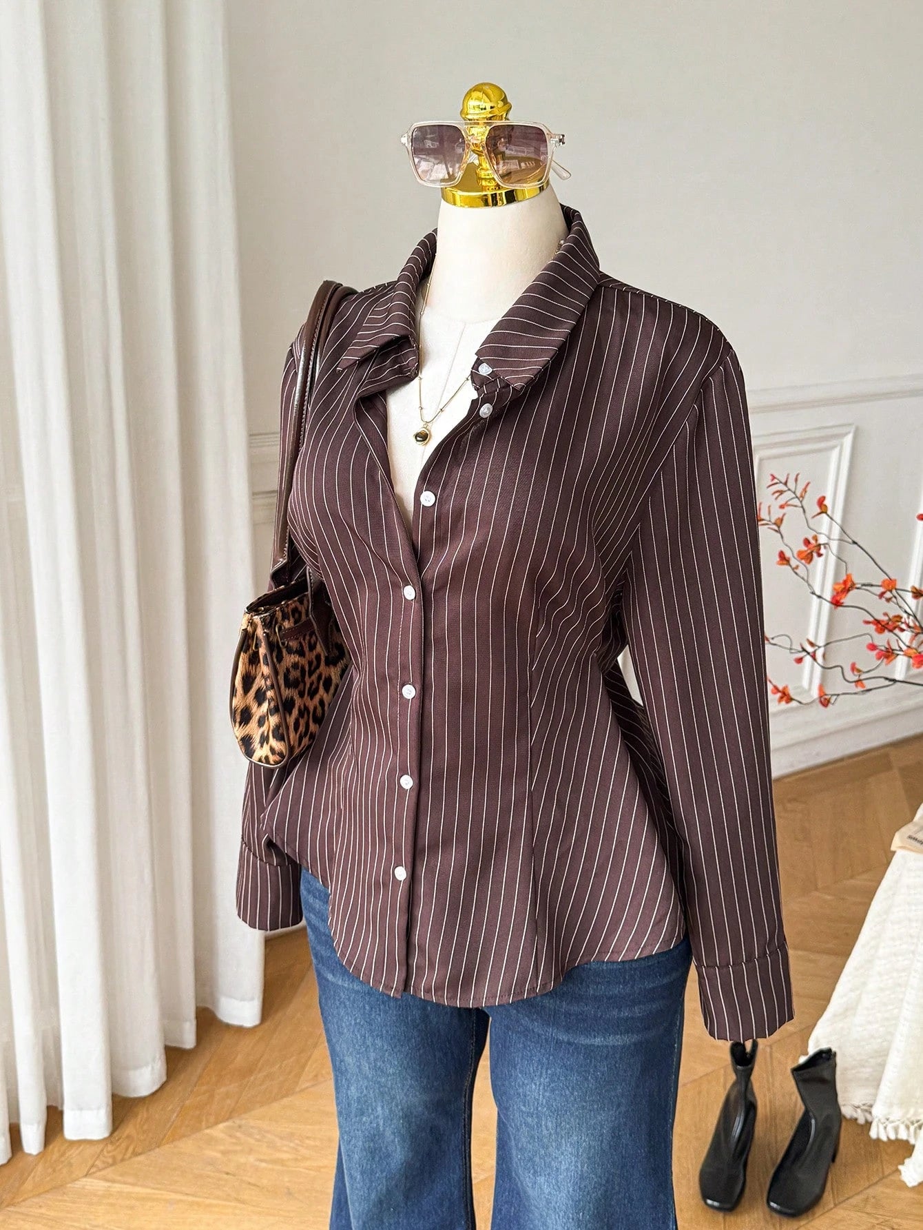Comfortcana Plus Size Women's Autumn/ Brown Long Sleeve Single-Breasted Shirt Teachers' Day Formal Office Formal Formal Formal Elegant