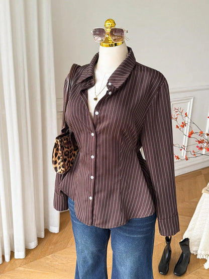 Comfortcana Plus Size Women's Autumn/ Brown Long Sleeve Single-Breasted Shirt Teachers' Day Formal Office Formal Formal Formal Elegant