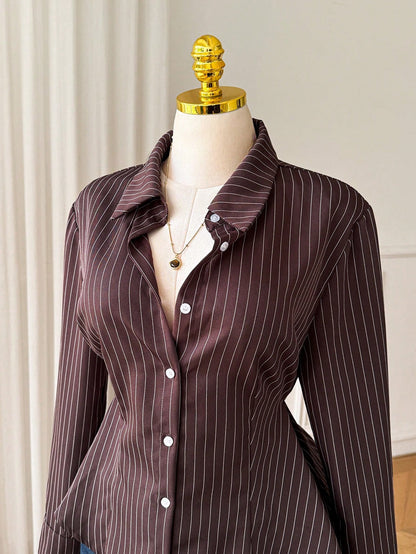 Comfortcana Plus Size Women's Autumn/ Brown Long Sleeve Single-Breasted Shirt Teachers' Day Formal Office Formal Formal Formal Elegant