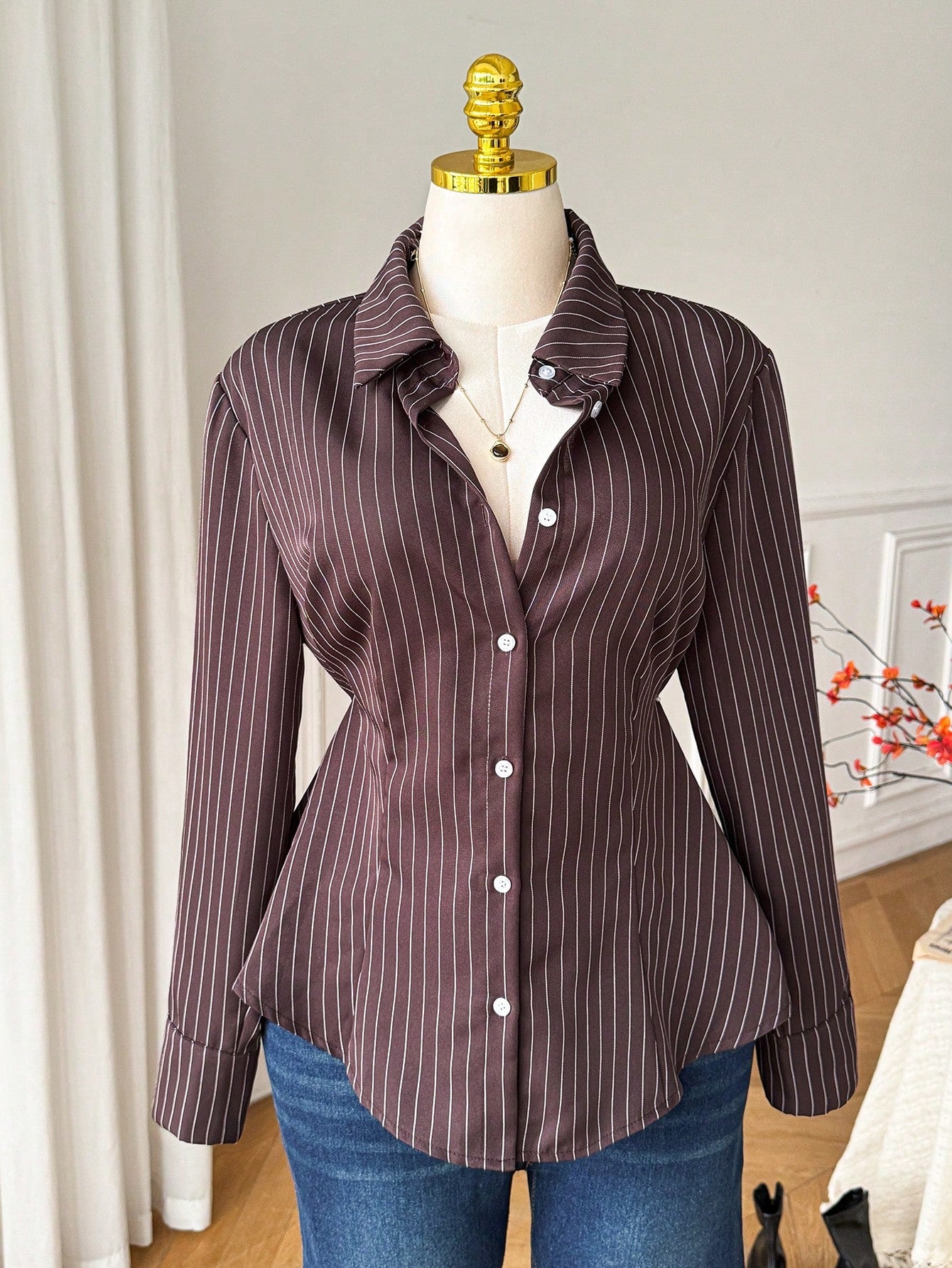 Comfortcana Plus Size Women's Autumn/ Brown Long Sleeve Single-Breasted Shirt Teachers' Day Formal Office Formal Formal Formal Elegant
