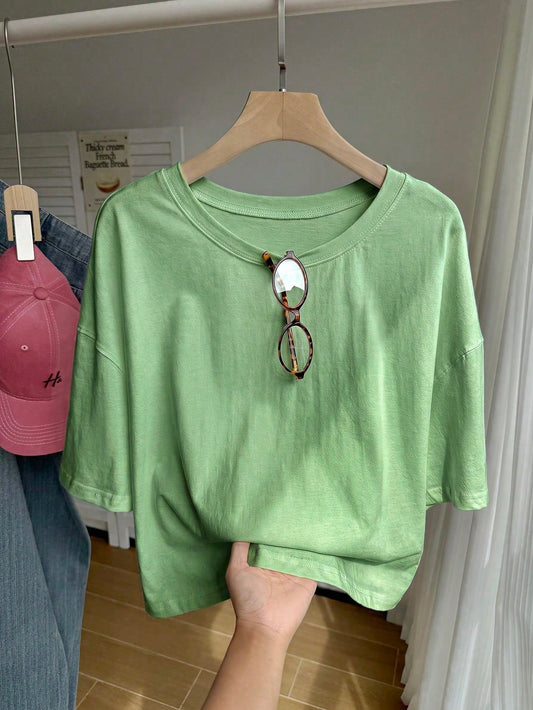 Comfortcana Solid Color Dropped Shoulder Short Sleeve Crew Neck Plus Size T-Shirt Formal Holiday Light Green Summer Casual Traditional Office Club