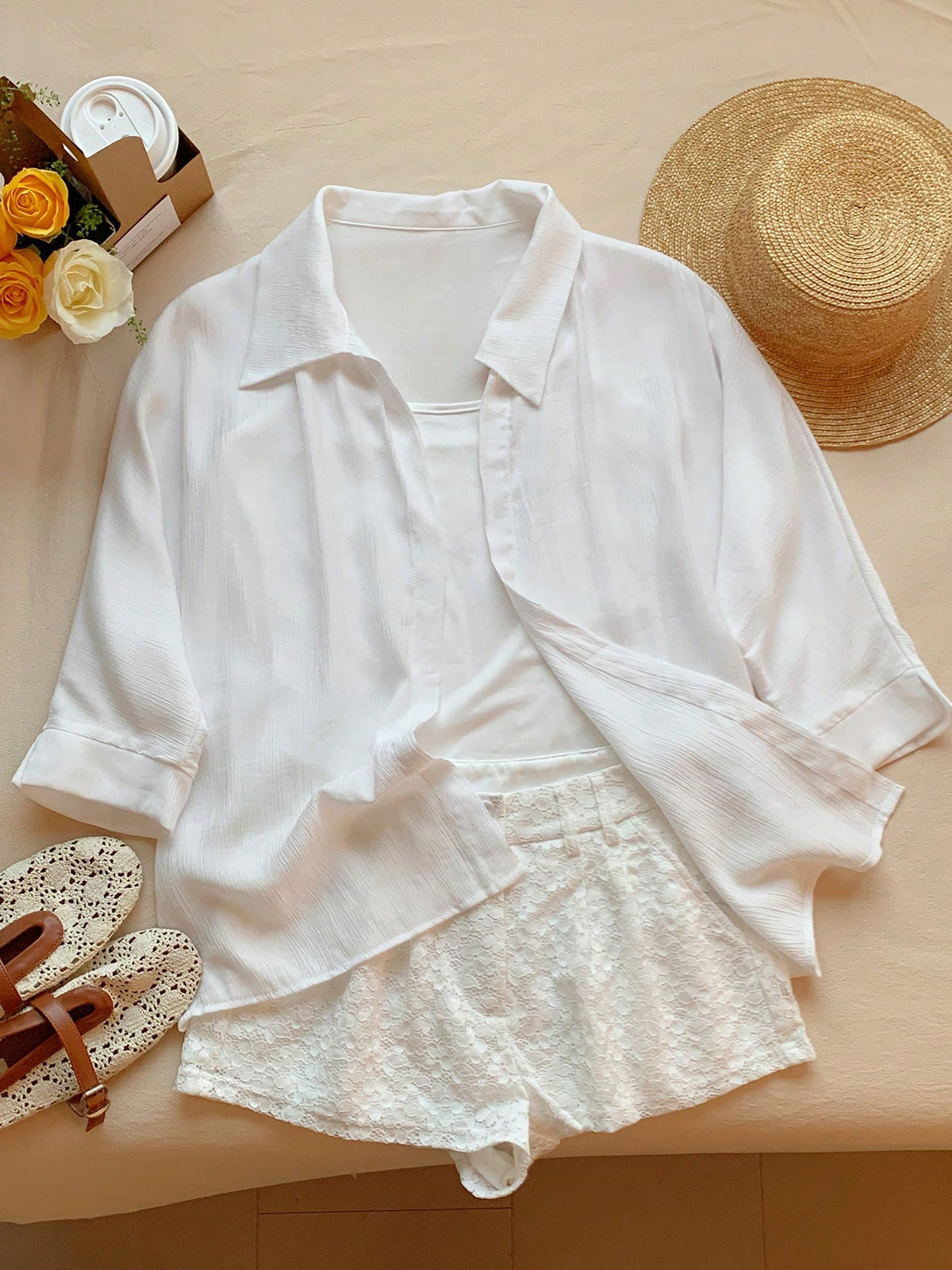 Comfortcana Spring White Solid Batwing Sleeve Shirt