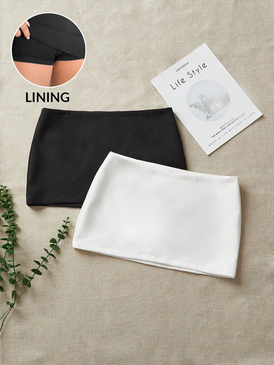 Comfortcana Two-Piece Set Mini Skirt, Minimalist Basic Classy, Fashion, Casual, Solid Color Everyday Party Work Black White Autumn