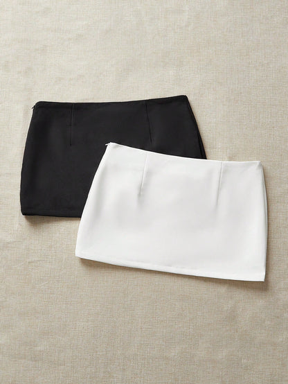 Comfortcana Two-Piece Set Mini Skirt, Minimalist Basic Classy, Fashion, Casual, Solid Color Everyday Party Work Black White Autumn
