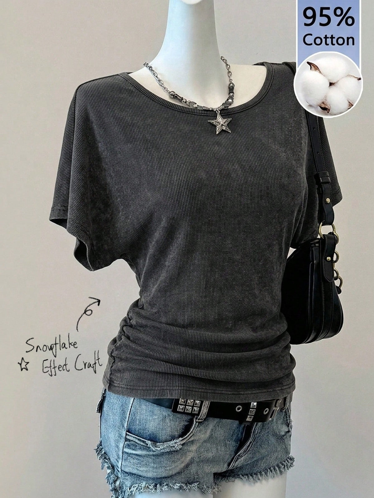 Comfortcana Women's 95% Cotton Snow Wash Charcoal Gray Batwing Sleeve T-Shirt,Summer Casual Occasion Retro Y2K Streetwear,Grunge Goth Gen Z Hip-Hop Gym Outfits