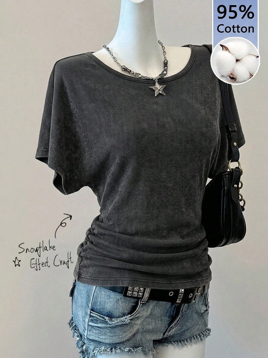 Comfortcana Women's 95% Cotton Snow Wash Charcoal Gray Batwing Sleeve T-Shirt,Summer Casual Occasion Retro Y2K Streetwear,Grunge Goth Gen Z Hip-Hop Gym Outfits