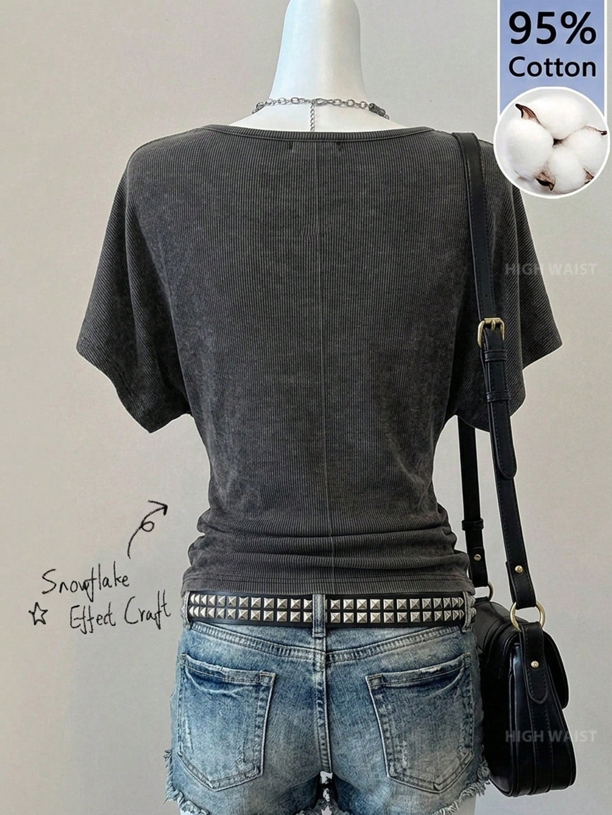 Comfortcana Women's 95% Cotton Snow Wash Charcoal Gray Batwing Sleeve T-Shirt,Summer Casual Occasion Retro Y2K Streetwear,Grunge Goth Gen Z Hip-Hop Gym Outfits