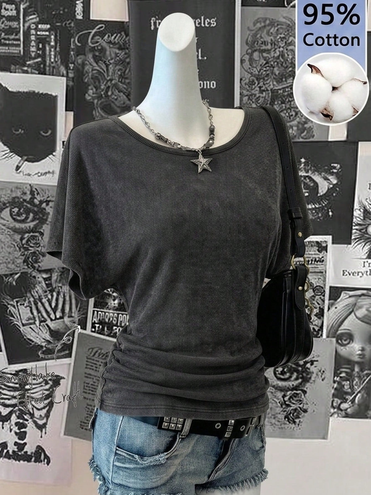 Comfortcana Women's 95% Cotton Snow Wash Charcoal Gray Batwing Sleeve T-Shirt,Summer Casual Occasion Retro Y2K Streetwear,Grunge Goth Gen Z Hip-Hop Gym Outfits
