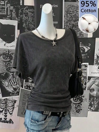 Comfortcana Women's 95% Cotton Snow Wash Charcoal Gray Batwing Sleeve T-Shirt,Summer Casual Occasion Retro Y2K Streetwear,Grunge Goth Gen Z Hip-Hop Gym Outfits