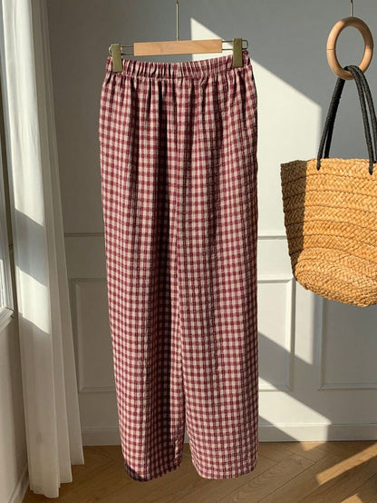 Comfortcana Women's Autumn Cute Plaid Drawstring Waist Pants,Basic Pink Gingham Picnic Trousers,Casual Everyday Loungewear,Cottagecore Back-To-School Brunch