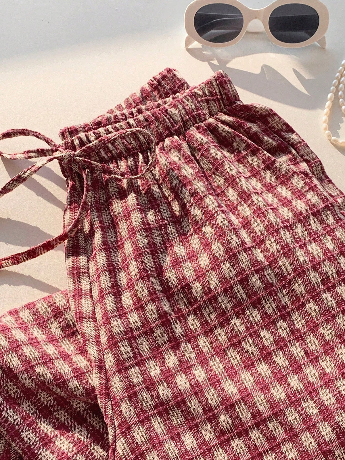 Comfortcana Women's Autumn Cute Plaid Drawstring Waist Pants,Basic Pink Gingham Picnic Trousers,Casual Everyday Loungewear,Cottagecore Back-To-School Brunch