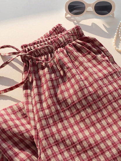 Comfortcana Women's Autumn Cute Plaid Drawstring Waist Pants,Basic Pink Gingham Picnic Trousers,Casual Everyday Loungewear,Cottagecore Back-To-School Brunch