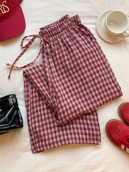 Comfortcana Women's Autumn Cute Plaid Drawstring Waist Pants,Basic Pink Gingham Picnic Trousers,Casual Everyday Loungewear,Cottagecore Back-To-School Brunch