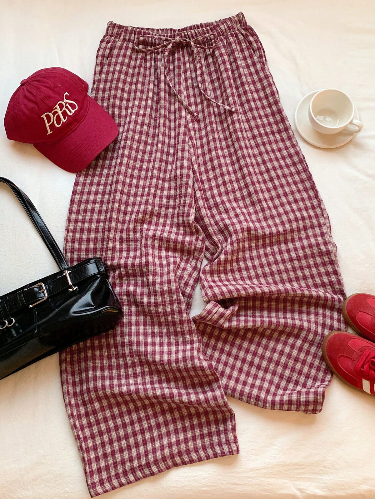 Comfortcana Women's Autumn Cute Plaid Drawstring Waist Pants,Basic Pink Gingham Picnic Trousers,Casual Everyday Loungewear,Cottagecore Back-To-School Brunch